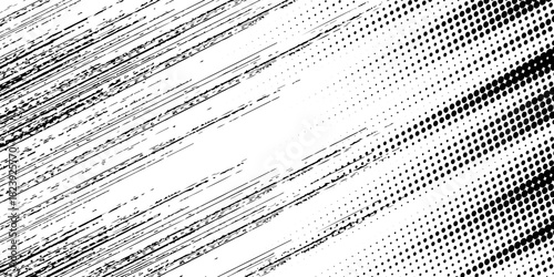 Grunge halftone gradient background. Faded grit noise texture. White and black sand wallpaper. Retro pixelated backdrop. Anime or manga style comic overlay. Vector graphic design textured template