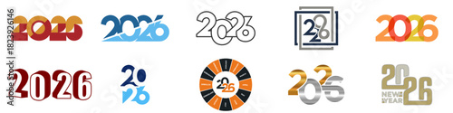 Creative 2026 typography design collection featuring modern number styles, geometric shapes, and colorful overlapping layouts, ideal for New Year graphics, posters, banners, and festive branding