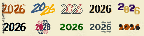 Set of 2026 Happy New Year typography, 2026 typography vector, New Year 2026 number collection, glitch effects, outline digits, script lettering, pixel fonts, grass textures, and modern geometric text