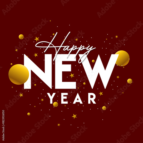Elegant Happy New Year greeting design featuring bold white typography, gold festive spheres, shimmering stars perfect for holiday cards, posters, banners, invitations, and social media wishes.