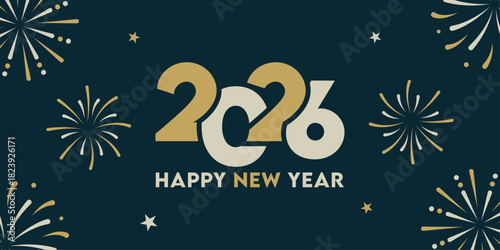 2026 Happy New Year celebration background, New Year 2026 banner design featuring bold modern typography, festive gold and white fireworks ideal for holiday greeting cards, posters, and social media