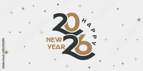 Happy New Year 2026 Cover Banner, Elegant 2026 New Year greeting design featuring overlapping typography, festive gold and black stars, perfect for background, posters, banners and social media wishes