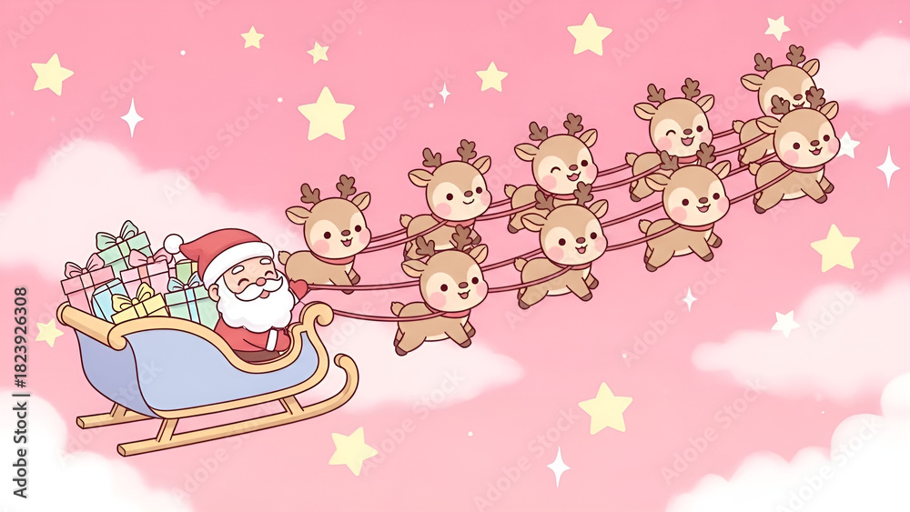 Fototapeta premium Santa Claus and Reindeer Flying Through a Pink Sky Delivering Christmas Gifts