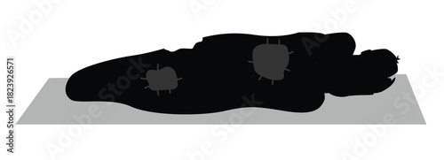 Silhouette of a Homeless Man Sleeping on Cardboard Box. People and social issues vector art, living in the street idea