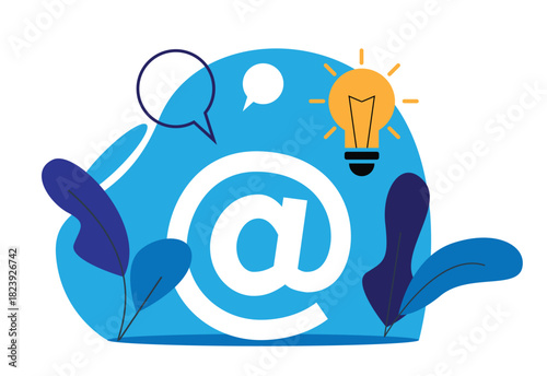 Abstract At Sign with Plants and Light Bulb Business Communication. Internet surfing and digital contact email subscription vector art