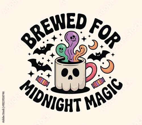 Halloween brewed magic spooky season ghost bats candy skull mug stars moon design graphic illustration t-shirt design