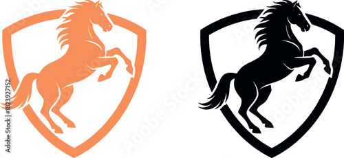 Dynamic rearing horse in shield logo design, powerful equestrian emblem in orange and black, majestic stallion vector illustration