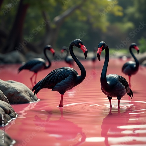 Black flamingo rendezvous at Crimson Lake Eden Generative AI
