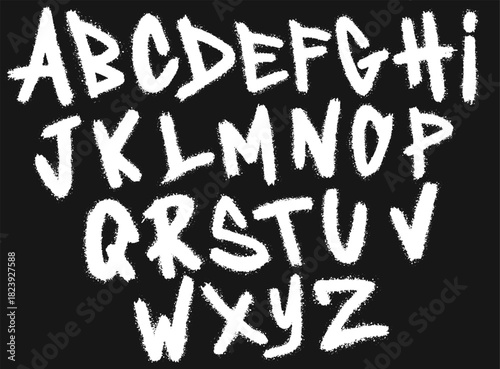 Graffiti spray font. Hand drawn urban alphabet. street wall hand drawn grunge letters, drip print. Sprayed ABC letter drops.  Bold brush drawn vector typography.