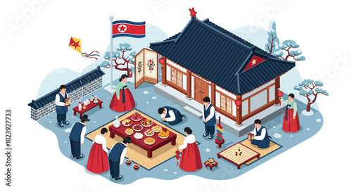 North Korean Traditional Family Gathering for a Festive Celebration with People in Hanbok at a Classic Hanok House, Featuring Cultural Rituals and Food