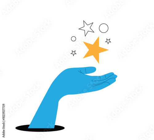 Hand Holding Stars in Hand Isolated on White. Product rating, business competition success or magic performance vector art
