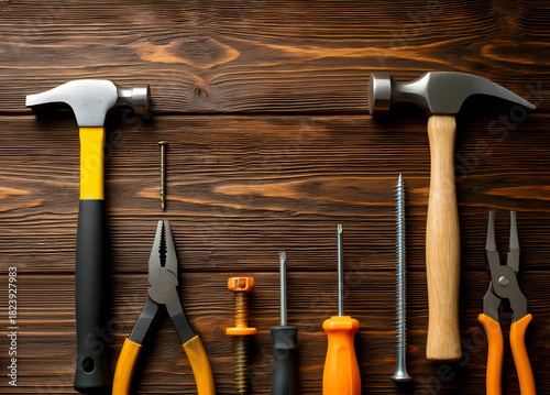 several types of a  tools on wooden background. A ready to use background for design
