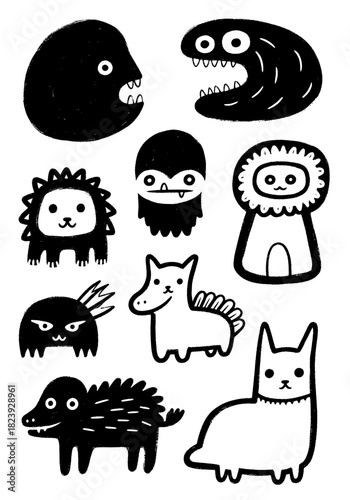 Collection of creepy/cute cartoon monsters: unique imaginary characters and strange fantasy animals. Rough black and white sketch style for spooky kid's projects and quirky designs.