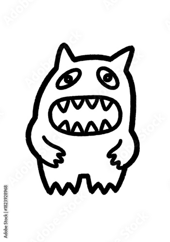 Simple hand-drawn cartoon doodle of a cute/scary monster character. Big eyes, wide-open mouth, jagged sharp teeth. Perfect for children's books/spooky Halloween projects. Isolated on white.
