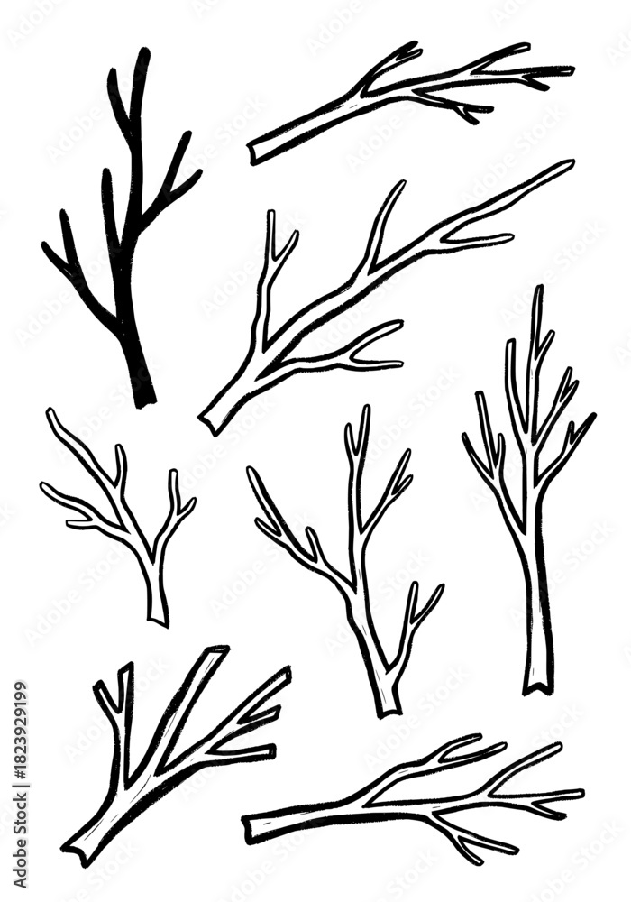 Naklejka premium Artistic hand drawn black ink collection of various bare tree branches and dry wooden twigs, perfect for adding rustic winter forest elements, nature silhouettes, or seasonal holiday design decoration
