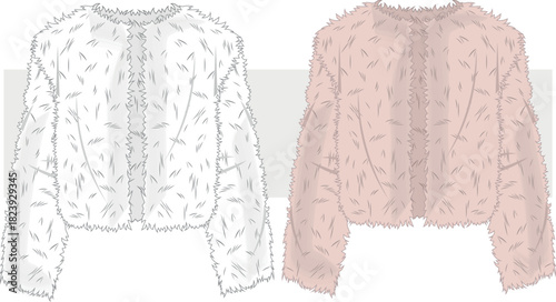 Faux fur women jacket fashion technical drawing, illustration. Stylish Fur Coat vector. Front view, CAD, Mockup.