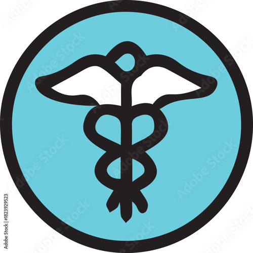 Caduceus symbol representing medicine and healthcare, featuring a staff with two entwined snakes and wings within a teal circular icon