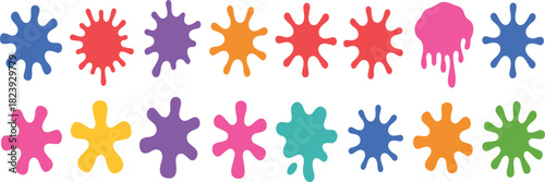 Colorful paint splatter icon set, abstract drip shapes, vibrant splash design, creative art elements, messy brush illustration