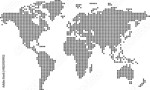 Dotted world map icon, pixelated global silhouette, minimalist continent design, black dot grid illustration, abstract geography element