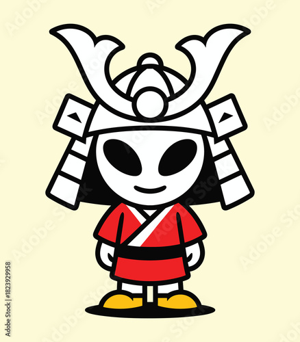 Cute alien samurai warrior cartoon character vector illustration design for kids and adults art t-shirt design