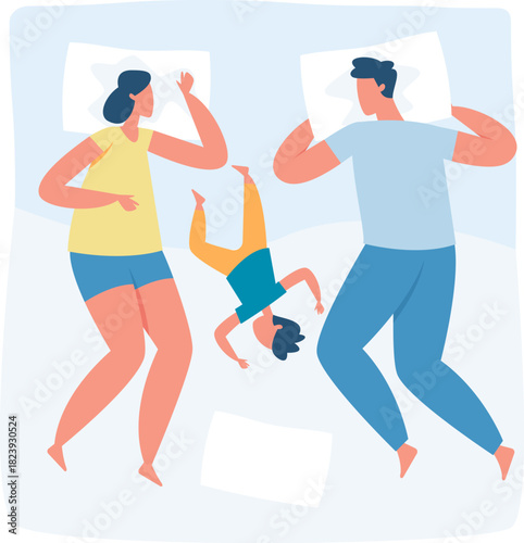 Family co sleeping in bed with restless child