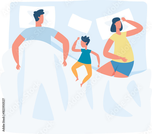 Family sleeping comfortably in bed, child between parents