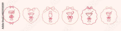 Hand drawn cocktails with bow, bachelorette whimsical frame , pink vector illustrations set