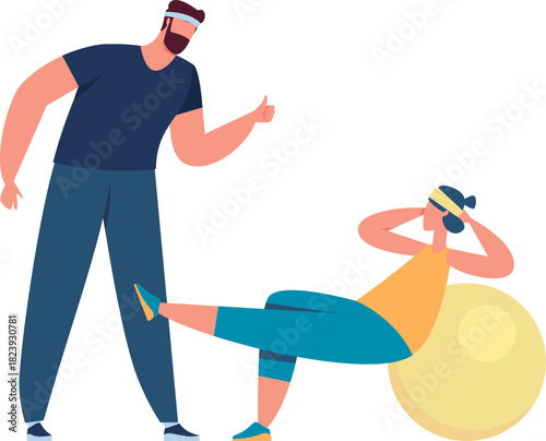 Personal trainer coaching woman exercising on fitness ball