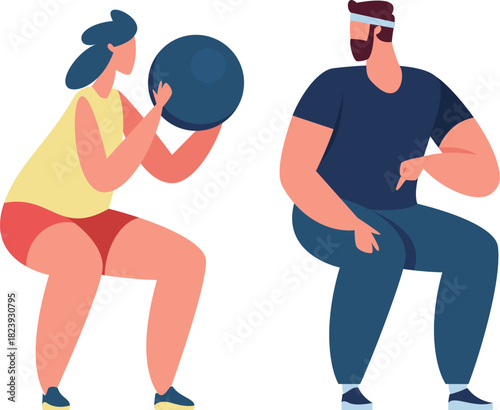 People training together doing squats with medicine ball