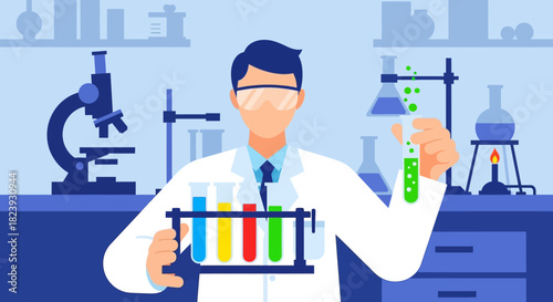 Scientist In Lab Coat Holding Test Tubes With Colorful Liquids And Microscope In Background