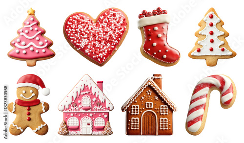 PNG Festive holiday-themed decorated cookies, element set on transparent background