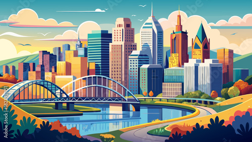Very beautiful view of downtown Pittsburgh, Pennsylvania, featuring its modern skyline, iconic bridges, and riverside cityscape, captured in a clean, semi-realistic style suitable for stock or vector 