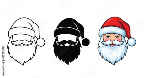 Three distinct styles of santa claus head illustrations, including outline, silhouette, and fullcolor