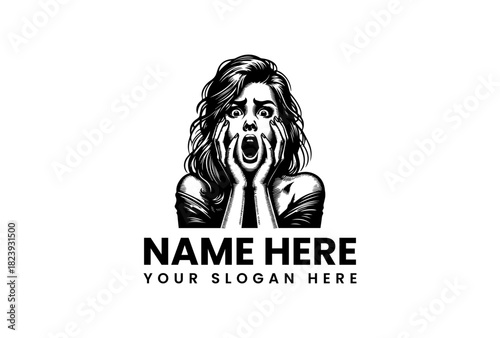 Shocked Woman Vector Logo Illustration, Frightened Face, Scary Scream, Horror Art, Dramatic Expression, Expressive Eyes, Hand Drawn Style