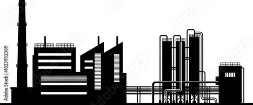 Industrial factory or power plant silhouette with a tall chimney, multiple buildings, and a complex system of pipes and tanks, vector illustration