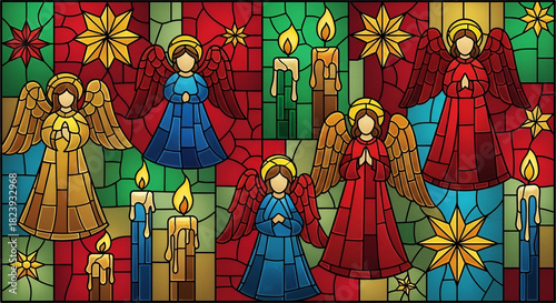 Stained glass artwork featuring a choir of serene angels with glowing candles and sparkling stars, creating a festive and spiritual ambiance perfect for holiday decorations and celebrations