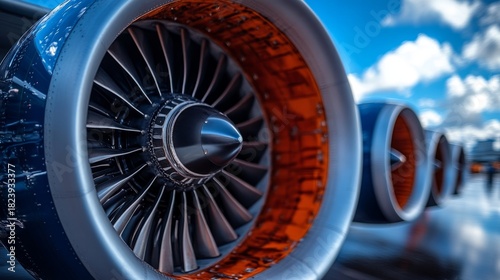 Detailed view of a powerful jet engine reveals the complex mechanics and vibrant colors under a clear blue sky
