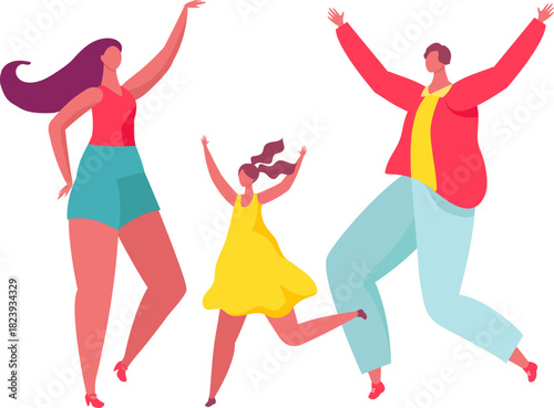 Happy family members celebrating success jumping together