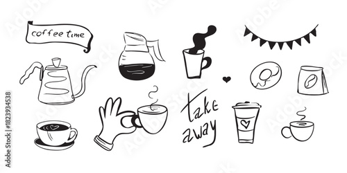 Doodle style graphic elements for coffee shops, coffee to go, donuts, lattes, and cappuccinos.