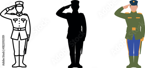 A Soldier Saluting in Three Different Styles Line Art Silhouette and Full Color Illustration