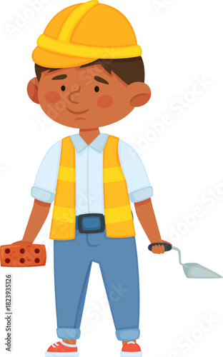 Boy playing construction worker holding brick and trowel