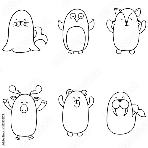 Hand-drawn doodle set of arctic animals on a white background. Seal, penguin, wolf, reindeer, polar bear, walrus.