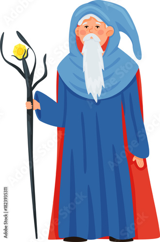 Fantasy wizard character holding glowing magic staff