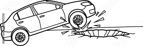 Car driving over a pothole black and white illustration