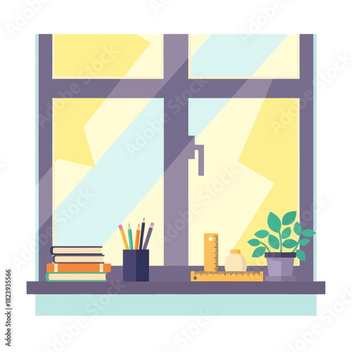 Books, pencils, ruler, and plant on a windowsill with light coming through the window.