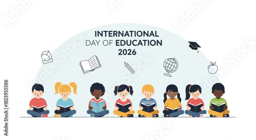 International day of education 2026 vector illustration with children reading books.