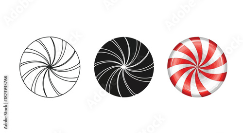 Three round peppermint candies in various styles, including outline, silhouette, and realistic