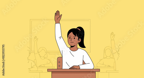 Enthusiastic girl raising hand in classroom, eager to answer question during lesson.