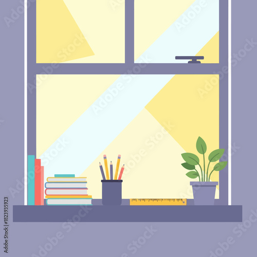 Books, pencils, ruler, and plant pot on a windowsill with natural light. Education concept.