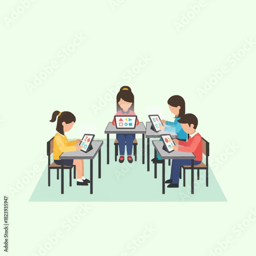 Children learning with tablets in classroom, teacher assisting. Modern education concept.